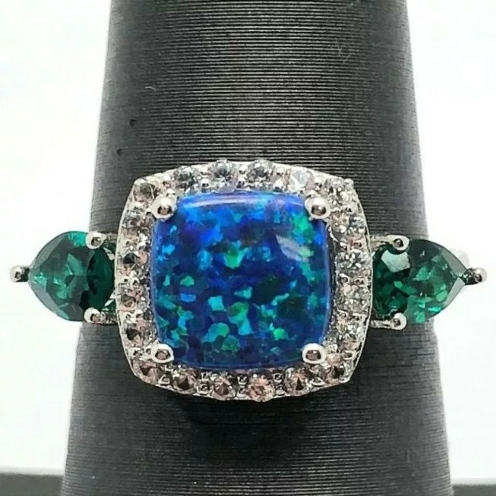 💎Gorgeous 925 Cabochon Blue Opal Green Tourmaline CZ Halo Ring!💎